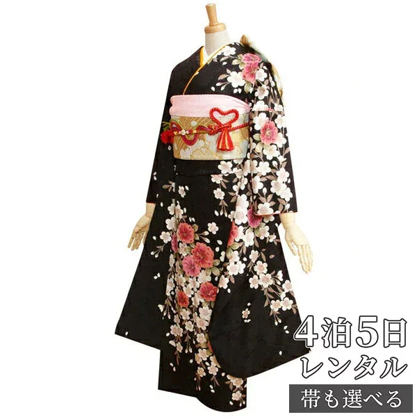 【振袖 レンタル】 結婚式 結納R068黒 しだれ桜 振袖 レンタル フルセット ふりそで 振り袖 結婚式 披露宴 親族 卒業式 パーティー 結納 着物レンタル 貸衣装 女性 和服 往復送料無料