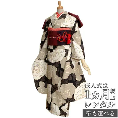 【成人式 振袖 レンタル】RS497黒×ベージュ 薔薇 和風館 フルセット 往復送料無料 /女性和服/結婚式 和服 着物セット/小物 セット 振り袖 【レンタル】【訳あり】