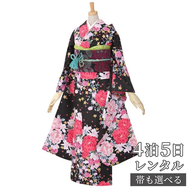 【振袖 レンタル】 結婚式 結納R1602黒 牡丹と蘭 振袖 レンタル フルセット ふりそで 振り袖 結婚式 披露宴 親族 卒業式 パーティー 結納 着物レンタル 貸衣装 女性 和服 往復送料無料【訳あり】