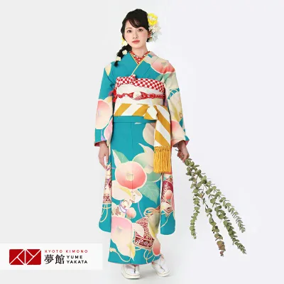 【振袖 レンタル】 結婚式 結納R1883ターコイズブルー 椿と文箱 芸艸堂 振袖 レンタル フルセット ふりそで 振り袖 結婚式 披露宴 親族 卒業式 パーティー 結納 着物レンタル 貸衣装 女性 和服 往復送料無料