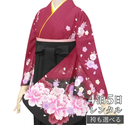 【レンタル】卒業式 袴 レンタル 女 フルセット 女性 袴セット「G244ワイン黒 雪輪に桜と牡丹」レトロ はかま 着物セット 和服 大学 レディース 往復送料無料