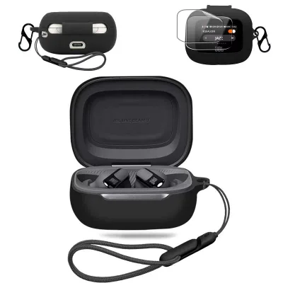 For JBL LIVE BEAM 3 用 ケース カバー +2枚フィルム【NOUKAJU】 ワイヤレス イヤーホン シリコン 保護ケース (カラビナ付き+ストラップ付き ) 落下防止 キズ防止 耐衝撃 装着充電可能 防水 防塵 (