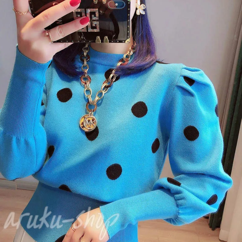 ニットセーター レディース 秋冬 ドット柄 ドット柄セーター クルーネック ニット セーター ドットセーター プリーツセーター ストレートセーター 長袖 ニットトップス プルオーバー ロングスリーブ ゆったり 可愛い シンプル カジュアル おしゃれ