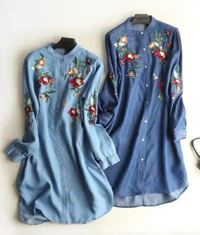 送料無料 デニムワンピース シャツワンピース ドレス 長袖 花 フラワー 刺繍 スタンドカラー「mori lady」