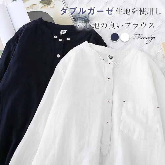 綿100% シャツブラウス レディース バンドカラー ガーゼ シャツ ブラウス 長袖 トップス ギャザー カジュアル 無地 裾前後差 切り替え 羽織り 大きいサイズ 通勤 春 夏 コッ 冬 秋