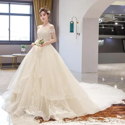 ウェディングドレス シャンパン オフホワイト オフショルダー 二次会 結婚式 披露宴 ブライダル ロングドレス 花嫁 ウエディングドレス プリンセスライン 刺繍