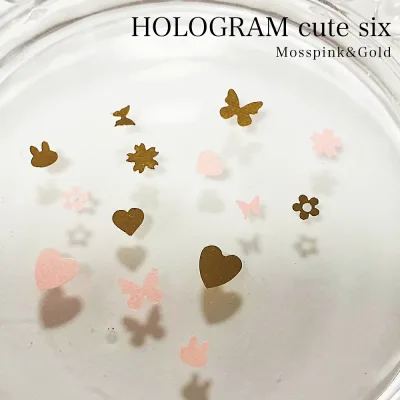 【在庫限り★300円】KiraNail HOLOGRAM キュートシックス モスピンク&ゴールド ☆ ホログラム ハートホロネイルパーツ ジェルネイル ポリッシュ ネイルアート ネイル用品 セルフネイル ハンドメイド レジン ホログラム ミックス ハート 星 うさぎ バタフライ