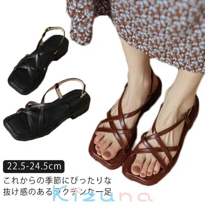 ストラップサンダル スクエアトゥ フラット レディース 細ストラップ サンダル ぺたんこ ローヒール ヒール3cm 歩きやすい 痛くない 脱げない 走れる クロス 美脚 華奢 きれいめ コンフォートサンダル ブラック ブラウン バックストラップ
