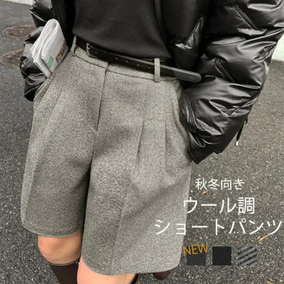【全店ポイント5倍★5と0のつく日】ウール調 ショートパンツ 秋冬 レディース ワイド パンツ きれいめ 秋 人字柄 スカーチョ ウェストゴム ショート ハーフパンツ キュロット キレイめ 重ね着 ショーパン 黒 かわいい