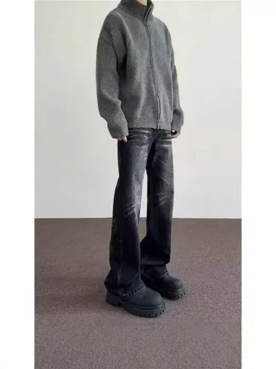 メンズ デニムパンツ アメリカン レトロ ストレート ワイドレッグ コントラストカラー 水洗加工 ドレープ感 カジュアル 普段使い ストリートスタイル ジーンズ ロング丈