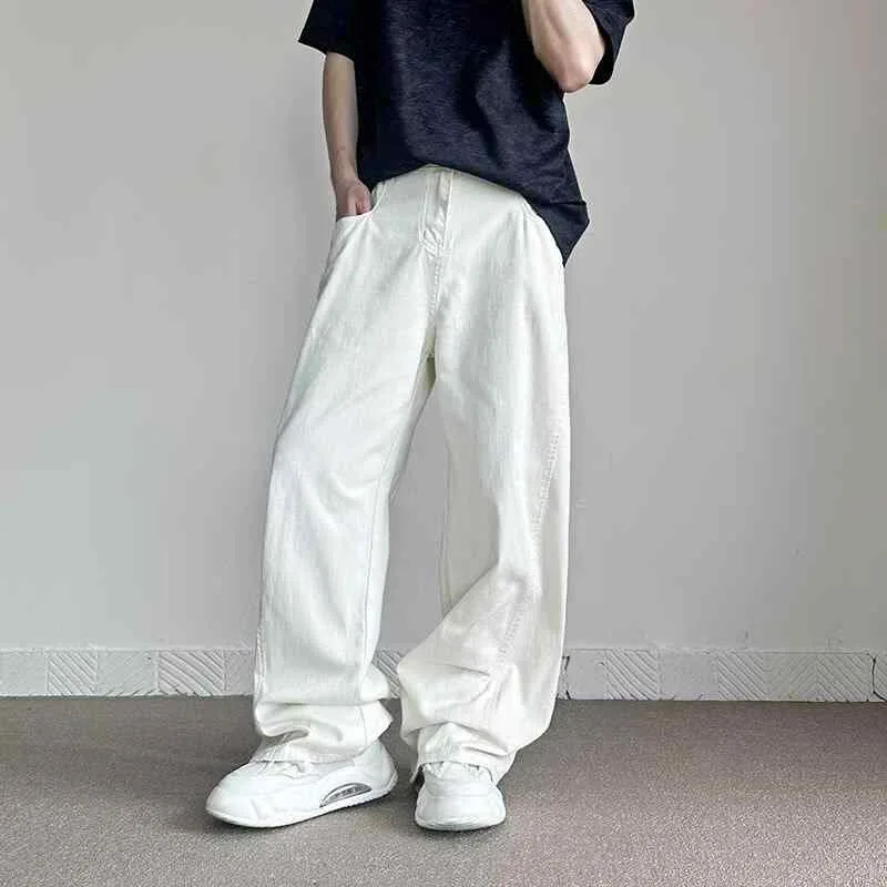 メンズ デニムパンツ 白 ワイドレッグ シンプル スリム ストレート ロング カジュアル 普段使い ストリート デニム素材 軽量 快適