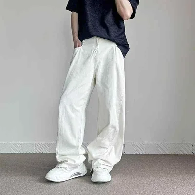 メンズ デニムパンツ 白 ワイドレッグ シンプル スリム ストレート ロング カジュアル 普段使い ストリート デニム素材 軽量 快適