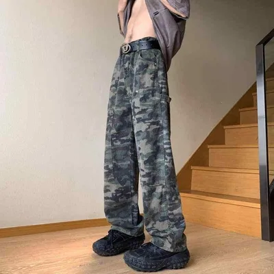 メンズ カーゴパンツ デニム 迷彩 ワイドレッグ ストレート レトロ アメカジ 春秋 ワークスタイル カジュアル アウトドア コットン