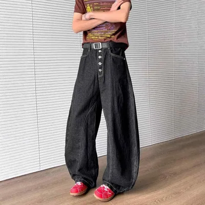 メンズ デニムパンツ レトロ アメリカン ゆったり ワイドレッグ 床引きロング ボタン 春秋 カジュアル ストリート ジーンズ ズボン コットン 伸縮性