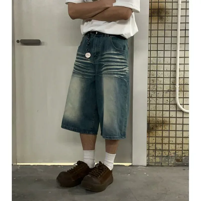 ショートパンツ メンズ デニム ブルー ウォッシュ加工 ヴィンテージ風 フィット ワイドレッグ ストレートレッグ 七分丈 夏用 カジュアル ストリートスタイル 合わせやすい 軽量 通勤 普段使い