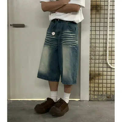 ショートパンツ メンズ デニム ブルー ウォッシュ加工 ヴィンテージ風 フィット ワイドレッグ ストレートレッグ 七分丈 夏用 カジュアル ストリートスタイル 合わせやすい 軽量 通勤 普段使い