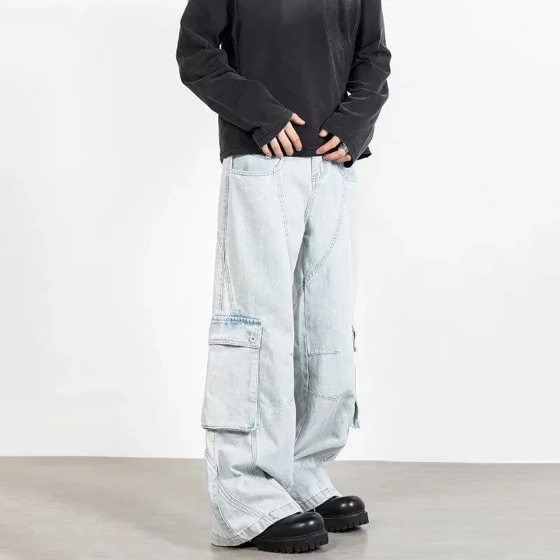 メンズ デニムパンツ ストレート ワイドレッグ ゆったり カジュアル 9分丈 大きめサイズ 日常使い コットン混 快適 軽量 伸縮性 リラックスフィット シルエット