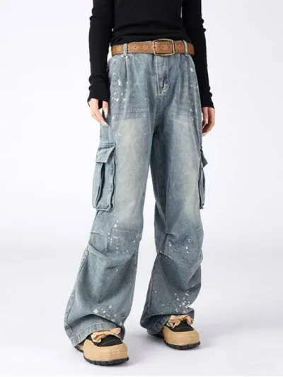 メンズ デニムパンツ ブルー ウォッシュ加工 プリーツ スプラッシュ染め 春秋 ストリートスタイル ワイドレッグ フィット カジュアル ヴィンテージ加工 ワークウェア ゆったり 伸縮性 吸湿速乾 通勤 普段使い