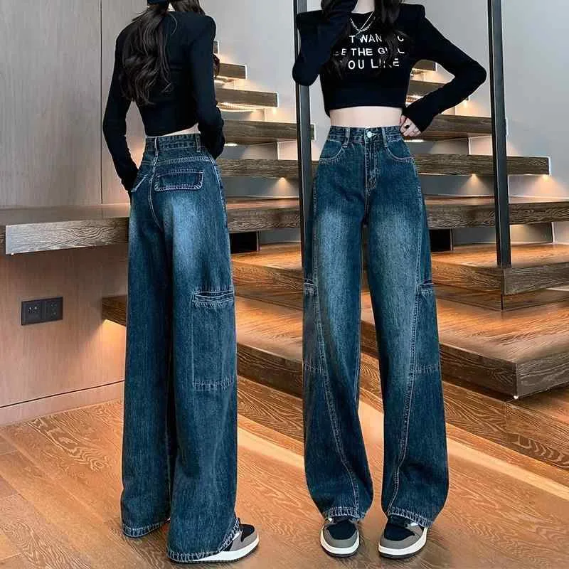 デニムパンツ レディース ハイウエスト ワイドレッグ 細見え ストレート ロング丈 春秋 カジュアル デニム素材 ストレッチ