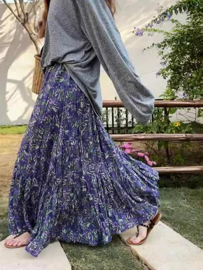 スカート レディース 夏用 フレンチスタイル 花柄 プリーツ フレア ハイウエスト Aライン ゆったり ゴムウエスト ロング丈 カジュアル 普段使い 軽量 吸湿速乾