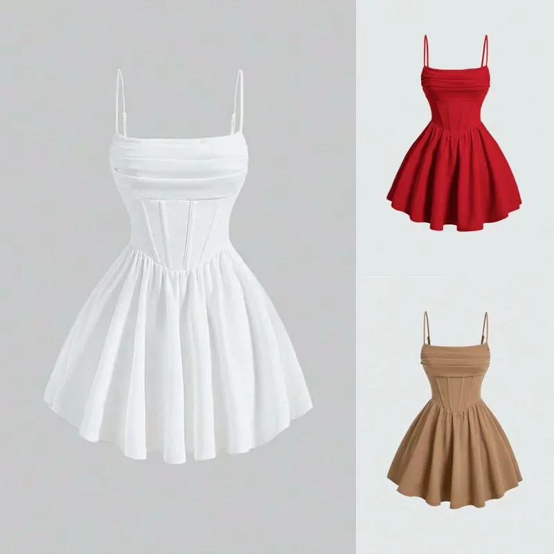 レディース ワンピース 夏用 セクシー ストラップ プリーツ デザイン 後ろジッパー 無地 ファッション ドレス 軽量 素材 通勤 普段使い 膝丈 シルエット