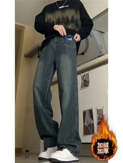 パンツ 男性用 秋冬 デニム ワイドレッグ ルーズ ストレート ロング カジュアル ウォッシュ加工 アメリカンスタイル 裏起毛 ゆったり 通勤 普段使い 軽量 伸縮性