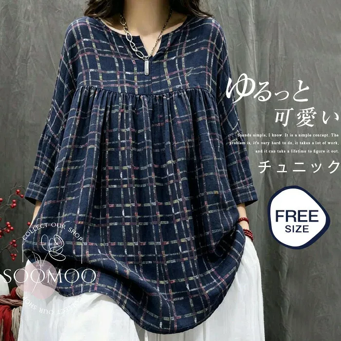 SSクーポン利用で3180円★チュニック ブラウス 夏 チュニック レディース 七分袖 aライン tシャツ チェック柄 綿麻風 Tシャツ 大きいサイズ ゆったり 体型カバー 着痩せ ブラウス スキッパー ひんやり 爽やか 総柄 大人可愛い クルーネック 森ガール キレイめ お洒落
