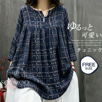SSクーポン利用で3180円★チュニック ブラウス 夏 チュニック レディース 七分袖 aライン tシャツ チェック柄 綿麻風 Tシャツ 大きいサイズ ゆったり 体型カバー 着痩せ ブラウス スキッパー ひんやり 爽やか 総柄 大人可愛い クルーネック 森ガール キレイめ お洒落