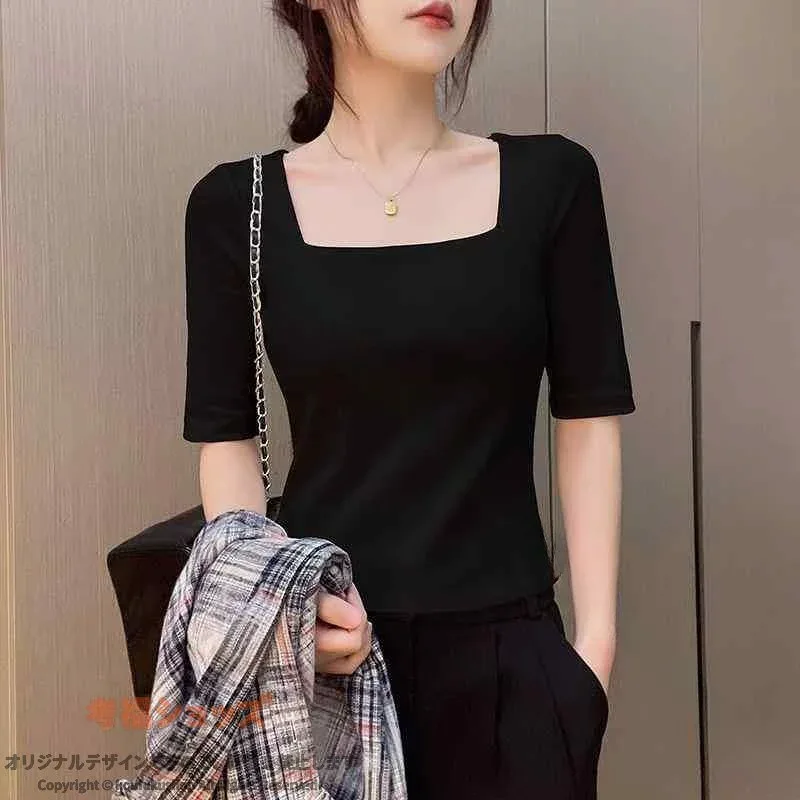 Tシャツ レディース 春夏 ブラック 半袖 インナー トップス 方領 フレンチスタイル ストレートショルダー スリム デザイン 軽量 吸湿速乾 レディースTシャツ 春夏用 黒 半袖Tシャツ