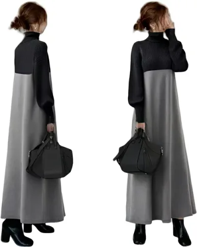 レディース ニットワンピース 冬ワンピース ドンキングドレス 秋服 冬服 カラーマッチング ハイネック ランタンスリーブ 長袖 ロング丈 Aライン カジュアル ゆったり おしゃれ 可愛い エレガント