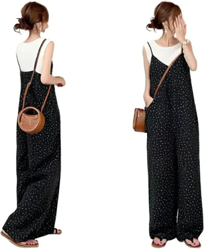 花柄サロペット オーバーオール レディース オールインワン ロングパンツ ワイドパンツ 長ズボン 夏服 総柄 vネック ストレート カジュアル ゆったり 可愛い 体型カバー 大人 春夏