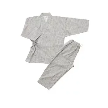 KADONO SARASHI SOME 和晒ガーゼ 作務衣 いろは織 白紺ストライプ Sサイズ