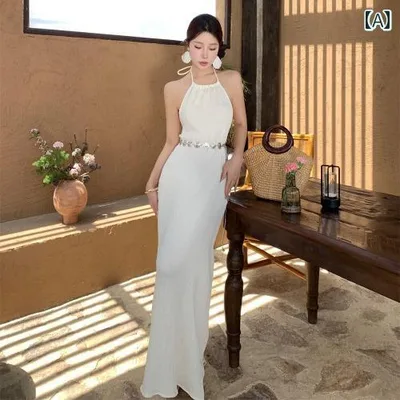 ワンピース 大人 レディース スリムフィット ロング スカート リゾート ビーチ スカート ホリデー スタイル ホワイト ドレープ ホルターネック ドレス