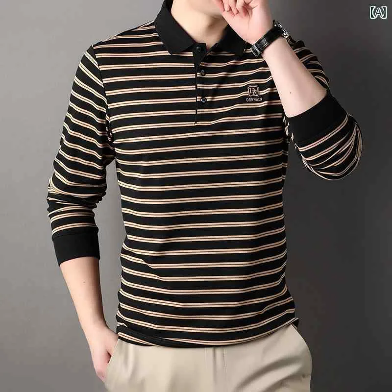 ポロシャツ 長袖 メンズ トップス ゴルフ レジャー 普段使い 秋 POLO シャツ ラペル ビジネス カジュアル ストライプ ノー アイロン 刺繍 Tシャツ