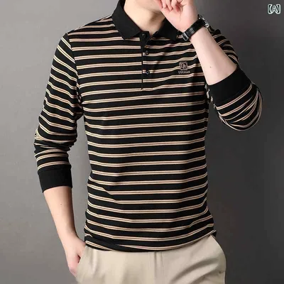 ポロシャツ 長袖 メンズ トップス ゴルフ レジャー 普段使い 秋 POLO シャツ ラペル ビジネス カジュアル ストライプ ノー アイロン 刺繍 Tシャツ