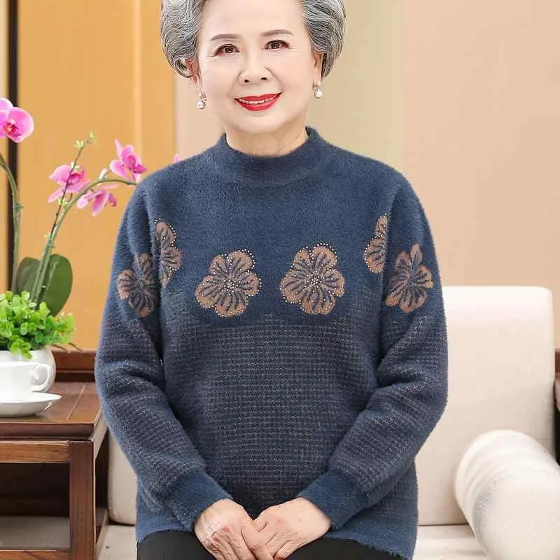 婦人服 おばあちゃん セーター ニット素材 厚手お母さん 選べるカラー 花モチーフ ハーフハイネック 花鳥文様 秋冬 モコモコ 母の日 敬老の日 プレゼント