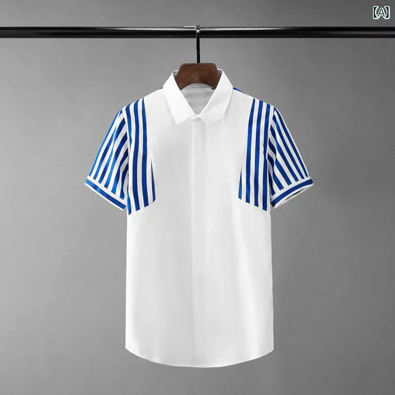 シャツ トップス 夏 スリーブ ステッチ ストライプ スリム メンズ シャツ カジュアル モダン 男性用 服 半袖 コットン ブラック 紳士服