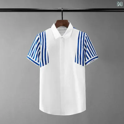 シャツ トップス 夏 スリーブ ステッチ ストライプ スリム メンズ シャツ カジュアル モダン 男性用 服 半袖 コットン ブラック 紳士服