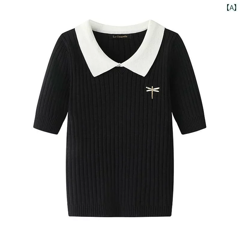 コントラストカラー 刺繍入り ニット 半袖 レディース 夏 スリムフィット フレンチ トップス 上品 カジュアル エレガント お洒落 ブラック