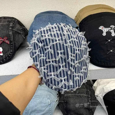 ハンチング 帽子 韓国 チェック柄 ボウ フロント ハット 大きい 頭囲 レース ベレー 帽 ドーム おしゃれ きれいめ