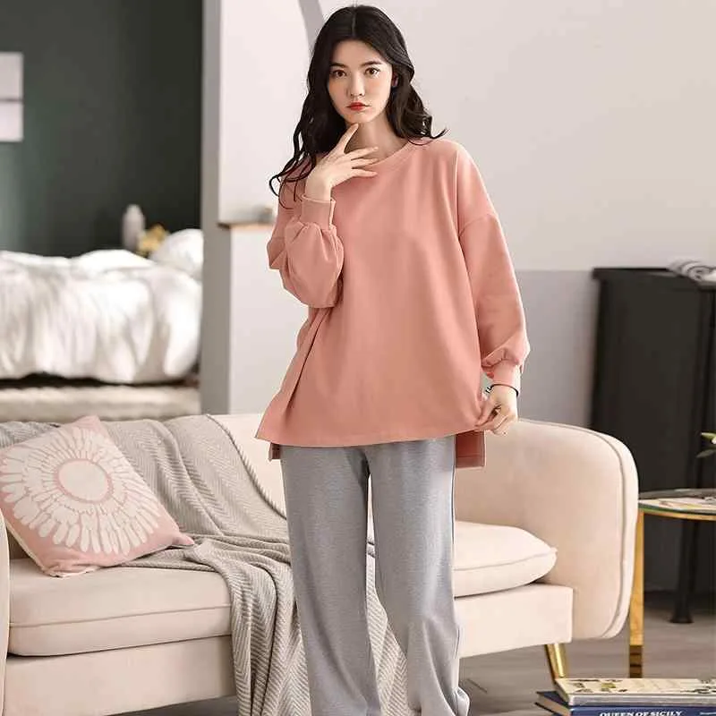 パジャマ 女性 胸 パッド 春秋 長袖 トップス ズボン コットン 部屋着 無地 レジャー 外出可能 シンプル カジュアル