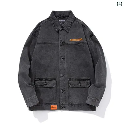 ジャケット メンズ 男性用 秋冬 カジュアル デニム コットン 綿 シングルボタン 立体パッチポケット レギュラーカラー ゆったり ルーズフィット 丈夫 耐摩耗性 グレー アウター 長袖