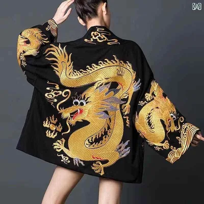 アウター メンズ ブラック 金龍プリント 中国風 国潮 漢服 チャイナ服 民族風 羽織り 舞台衣装 イベント 発表会 開襟シャツ 秋冬 麻混紡 ポリエステル混紡