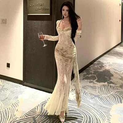 レディース ファッション ツーピース スーツ 女性 高級 レース 長袖 トップス ドレープ ヒップ フィッシュテール スカート マーメイド 上品 エレガント フェミニン セットアップ