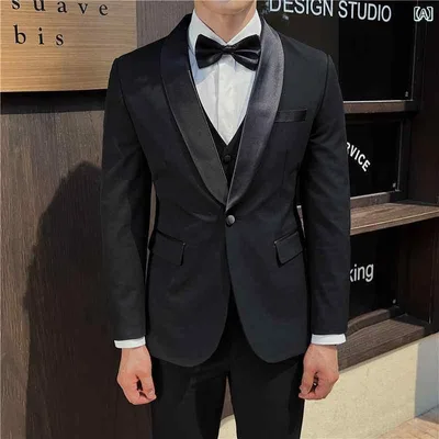 タキシード メンズ 新郎 披露宴 結婚式 スリムフィット ショールカラー スリーピース 3点セット カジュアル ブラック 化学繊維混紡 ビスコース センターベント