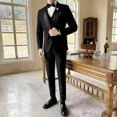 スーツ メンズ 男性用 スリーピース セットアップ ショールカラー タキシード 結婚式 披露宴 二次会 パーティー 礼服 フォーマル ビジネス カジュアル スリムフィット 春夏 レーヨン混 ブラック