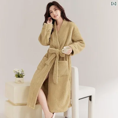 Bathrobe Women's Room Wear Fall/Winter Flannel Coral Fleece Polyester Fluffy Thick Brushed Lining Warm Warm Long Gown V Neck Pajamas Nightwear