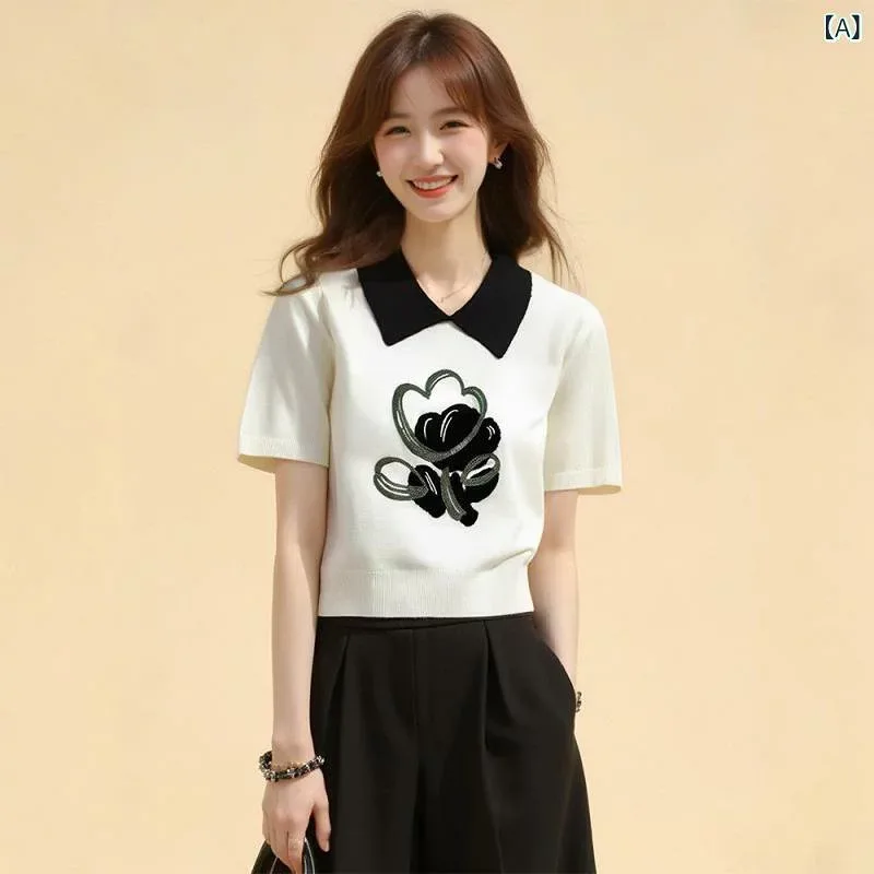 Tシャツ レディース 女性用 ポロ襟 半袖 ニット 切り替え 配色 花柄刺繍 若見え デザイン おしゃれ 白 ホワイト 春夏 トップス ポリエステル エレガント きれいめ 通勤 オフィス 普段使い 上品
