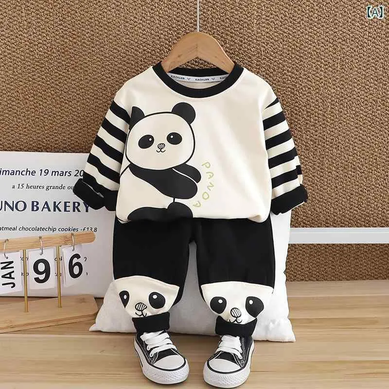 Kids' Boys' Setup, Spring/Autumn, Stylish, Casual, Long Sleeve Top, Long Pants, Top and Bottom Set, 2 Piece Set, Cotton, Cotton Material, Everyday Wear, Daily Use, Trend, Cute, Black, Coffee Color, Elementary School Students, Boys
