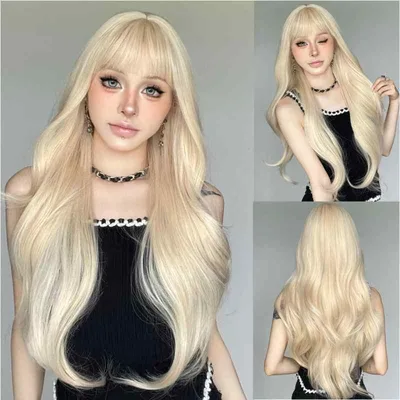 ウィッグ レディース 女性用 フルウィッグ プラチナブロンド ロング カール ウェーブ ぱっつん前髪 高温糸 耐熱ファイバー 通気性 軽量 ロリータ 韓国系 オルチャン Y2K ギャル イベント コスプレ ファッション 小顔効果